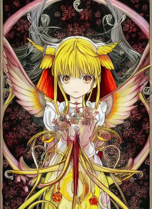 Image similar to intricately beautiful designed clow cards, Madoka Magica, high detail, painting, by CLAMP, in the style of Akiyuki Shinbo