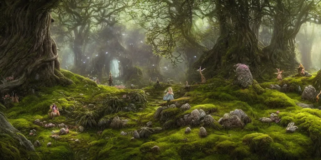 Prompt: fairies in the shire scenery landscape, lord of the rings, stone monoliths, mushroom structures,, moss, fireflies, highly detailed, vivid color, perfect lighting, perfect composition, 8 k, brian froud, artgerm, derek zabrocki, greg rutkowski