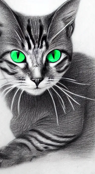 Image similar to highly detailed full body realistic pencil sketch of a beautiful cat with big green eyes in front of the galaxy stars