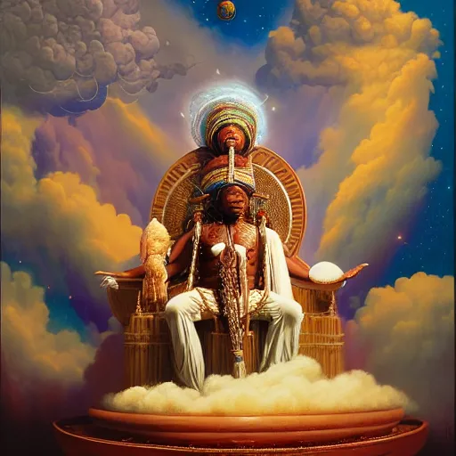 Image similar to obatala the cosmic god sitting on a throne of nebula clouds, by Adi granov and thomas blackshear, matte painting, orisha, 8k, hd