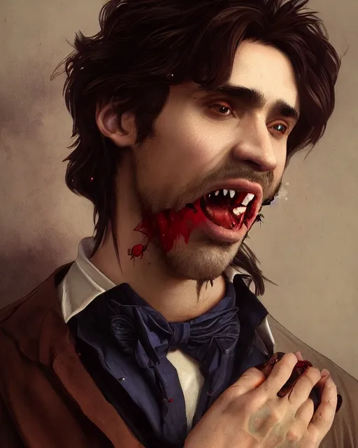 Image similar to 3 / 4 portrait, male vampire, brown skin, long dark hair, dark blue shirt, beautiful, flowers, blood on mouth, detailed background, elaborate jewelry, earrings, artstation, alphonse mucha, william bouguereau, rossdraws, greg rutkowski, super detailed, illustration, realistic, octane render, sharp focus, cinematic, 8 k