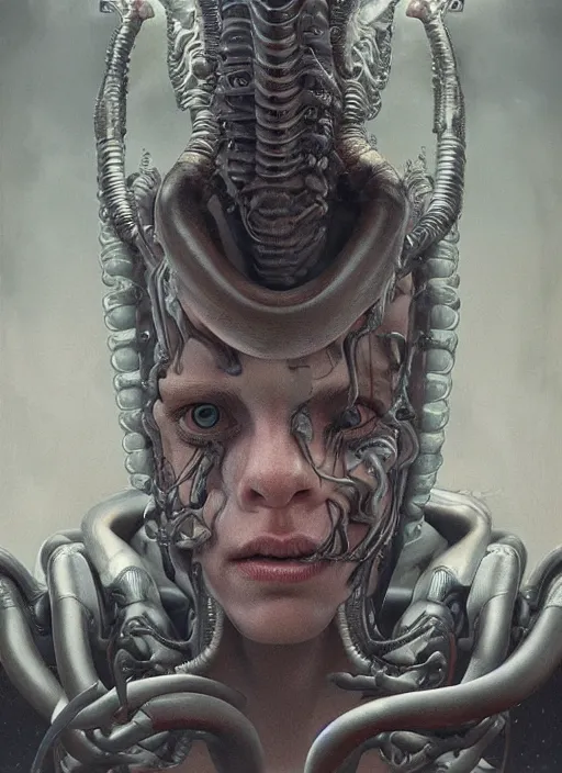 Image similar to a hyper detailed portrait of ellen ripley beginning a transformation into a xenomorph, by tom bagshaw, by zdzisław beksinski, trending on artstation