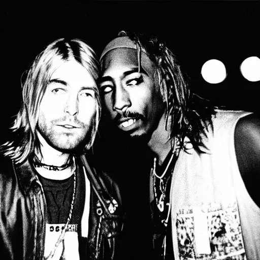 Image similar to Polaroid photograph of Kurt Cobain and Tupac Shakur in a club, blurry, XF IQ4, 150MP, 50mm, F1.4, ISO 200, 1/160s, natural light, Adobe Lightroom, photolab, Affinity Photo, PhotoDirector 365,