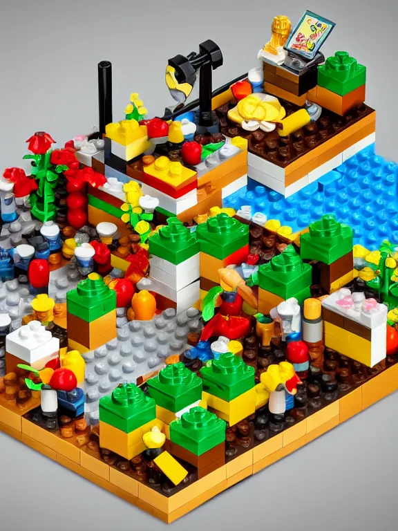 Image similar to miniature isometric lego diorama of epic fruits factory