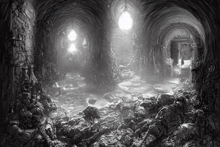 Image similar to black and white one point perspective hellscape dungeon cozy fantasy dungeon hallway view with pit in the middle of the ground by artgerm and Craig Mullins, James Jean, Andrey Ryabovichev, Mark Simonetti and Peter Morbacher 16k