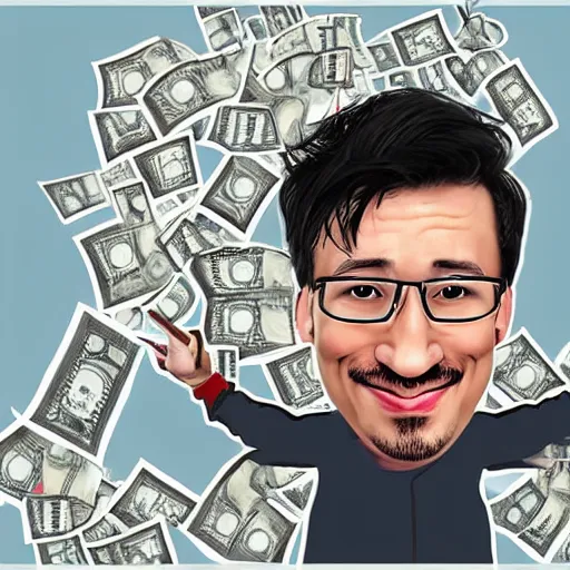 Prompt: a caricature of Markiplier inside a shower full of money which covers his body.