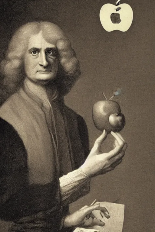 Image similar to isaac newton holding an apple, collage