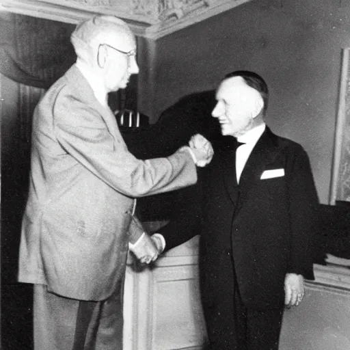Prompt: gray alien shaking hands with a president photograph in 1920s