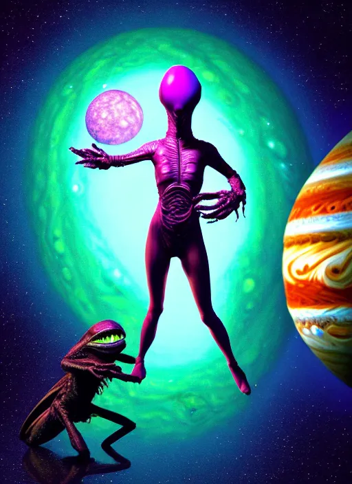 Prompt: hyper detailed 3d render of alien visiting jupiter like a chiaroscuro - kawaii portrait outside spaceship (an astronaut queen with advanced suit like a skeksis from dark crystal that looks like millie bobby brown and Krysten Ritter) seen Eating of the Strangling network of yellowcake aerochrome and milky Fruit and His delicate Hands hold of gossamer polyp blossoms bring iridescent fungal flowers whose spores black the foolish stars by Jacek Yerka, Ilya Kuvshinov, Mariusz Lewandowski, Houdini algorithmic generative render, Abstract brush strokes, Masterpiece, Edward Hopper and James Gilleard, Zdzislaw Beksinski, Mark Ryden, Wolfgang Lettl, hints of Yayoi Kasuma, octane render, 8k