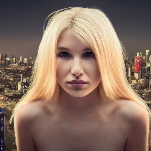 Image similar to panorama of a pretty blond seraphim in a machine city, perfect symmetrical face, cute face, 8 k, shallow depth of field, 8 k, ultra high detail, concept art, w 1 0 2 4