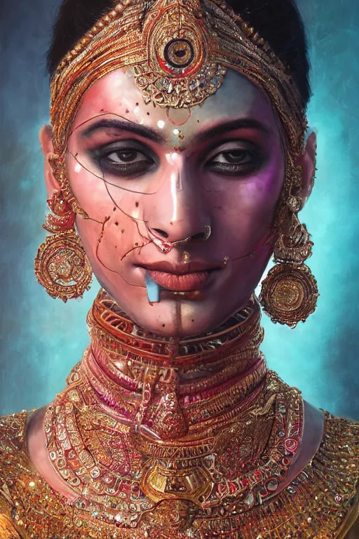 Prompt: a stunning ultra detailed fine art portrait of an indian classical dancer wearing a cybernetic bandana mask, cyberpunk, by tom bagshaw and zach sutton, 8 5 mm lens, sharp focus, studio lighting, perfect face and eyes, very detailed, artstation, 8 k