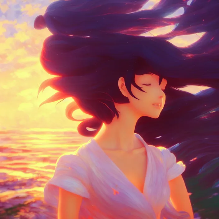 Image similar to an epic makoto shinkai and renoir surreal landscape of a woman's hair that is also a waterfall, 🌺, golden hour, ultra smooth, lois van baarle, ilya kuvshinov, unreal engine, blender, trending on artstation, suntur, caleb worcester, highly detailed, photorealism, bloom effect 8 k