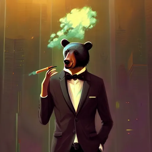 Image similar to a black bear wearing a suit and tie with a cigarette in his mouth, cyberpunk art by Cyril Rolando, featured on deviantart, furry art, furaffinity, smokey background, digital painting