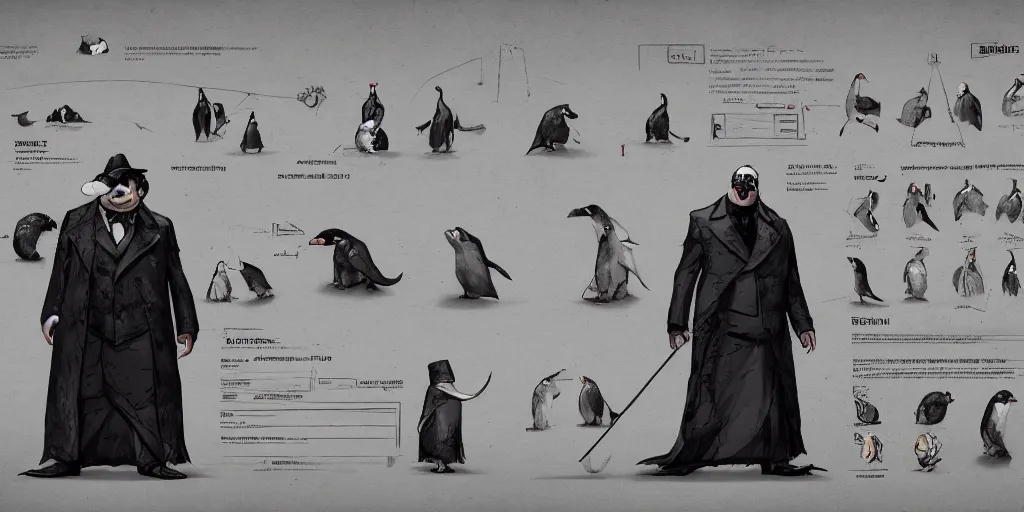 Image similar to the penguin cobblepot, character sheet, concept design, contrast, kim jung gi, greg rutkowski, zabrocki, karlkka, jayison devadas, trending on artstation, 8 k, ultra wide angle, pincushion lens effect