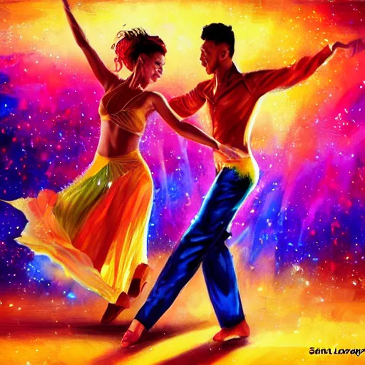 Prompt: semi realistic portrait of The star is exploding colorful while Latino Cubans Dancers Salsa Dancing by Stanley Artgerm Lau, sun exploding on the background, Gesture draw, Salsa Social Dance, couple, Salsa tricks, explosive colors background, WLOP, Rossdraws, Gesture draw, James Jean, Andrei Riabovitchev, Marc Simonetti, and Sakimichan, trending on artstation