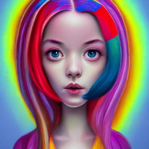 Image similar to an intelligent beautiful young girl with rainbow hair looking at the camera, she has a cute face, intricate, elegant, highly detailed, digital painting, artstation, concept art, smooth, sharp focus, illustration, art by mark ryden 3 d 8 k ultra detailed