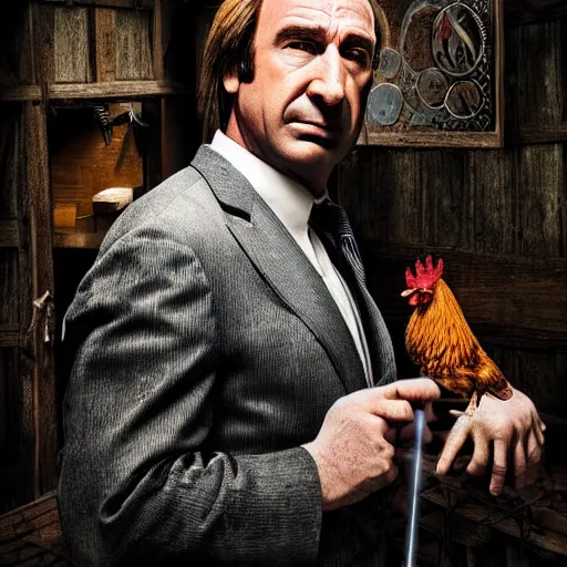 Image similar to saul goodman and a rooster in a medieval torture chamber, saw blades and knives in the background, horror movie, saul goodman, rooster, real life photo, detailed face