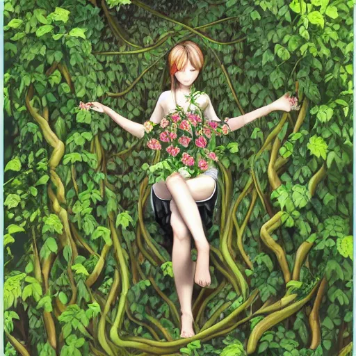 Image similar to a girl being overgrown by vines and flowers, fully clothed, content, in the style of lise deharme.