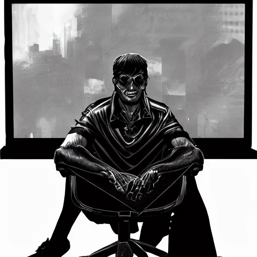 Prompt: a goth computer nerd sitting in front of computer screen, by mike deodato, small details, aesthetic,