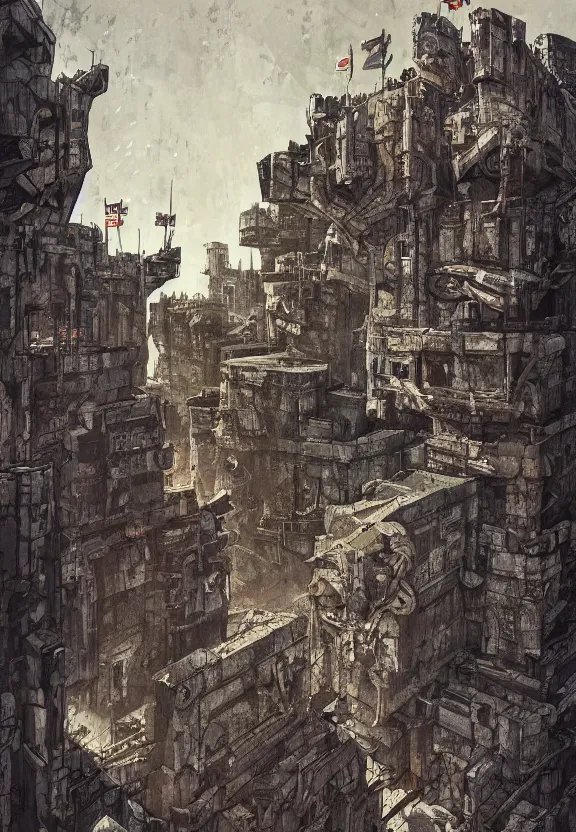 Image similar to [Brutalist bunker adorned with gargoyles and checkered flags. Propaganda poster!, intricate, elegant, highly detailed, digital painting, artstation, concept art, matte, sharp focus, illustration, art by Enki Bilal]