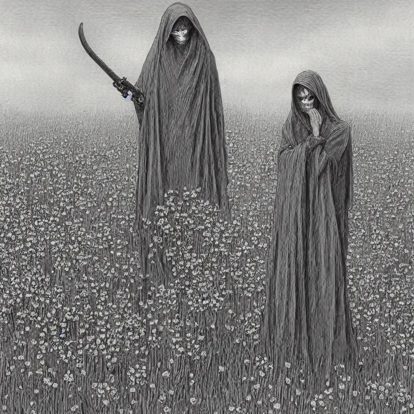 Prompt: faceless grim reaper with veil over face at distance in beautiful meadow of flowers, detailed pencil illustration by gustave dore, highly detailed, centered, high resolution, smooth, sharp focus, illustration