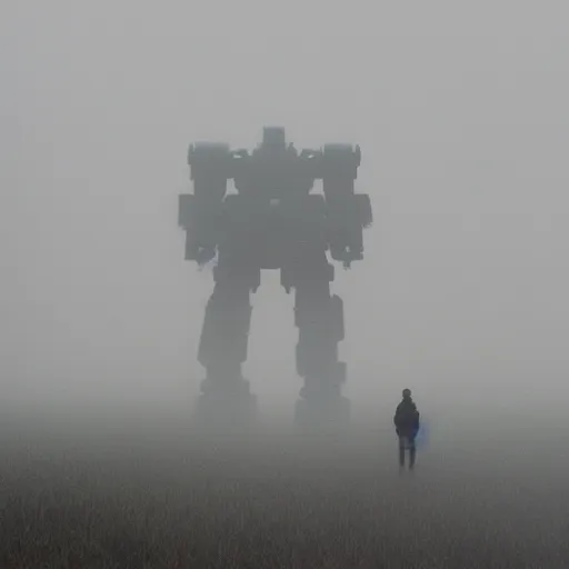 Prompt: gigantic mecha walking, dense fog, jakob rozalski