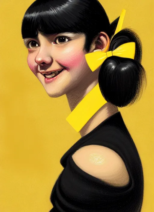 Image similar to portrait of high school girl, realistic, black hair, bangs, half updo hairstyle, pointy nose, skinny, smile, ugly, defined jawline, big chin, yellow hair bow, earrings, intricate, elegant, glowing lights, highly detailed, digital painting, artstation, sharp focus, illustration, art by wlop, mars ravelo and greg rutkowski