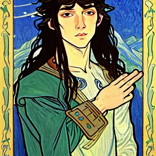 Image similar to painting of young handsome beautiful paladin elf!! man with long! wavy dark hair in his 2 0 s named taehyung minjun at the blueberry party, wearing armor!, long hair, elf ears, blue eyes, blueeyes, elegant, delicate, soft facial features, art, art by alphonse mucha, vincent van gogh, egon schiele,