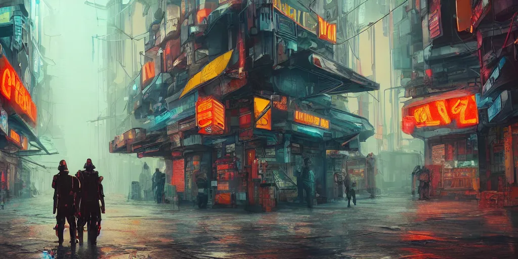 Prompt: two passive guards near the entrance of a big colorful shop in the crowd of a cyberpunk dystopian city at day in an intense orange fog at a distance artstation