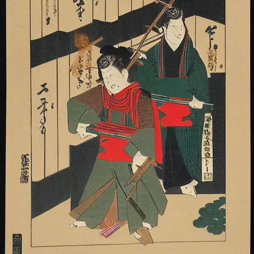 Image similar to Europeans with muskets, ukiyo-e, woodblock print