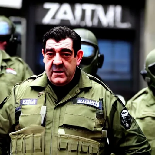 Image similar to evil dan andrews melbourne premier surrounded by swat team