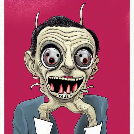 Prompt: mr bean as a monstrous alien, body horror, claws, teeth, bones