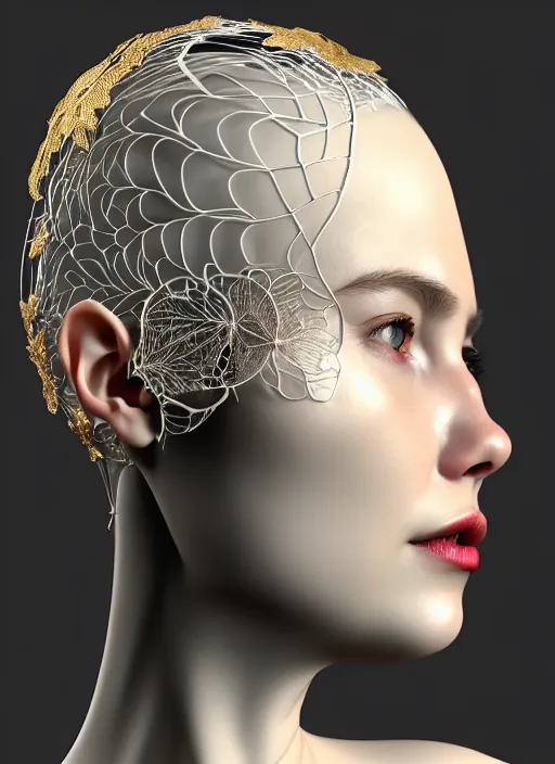 Prompt: complex 3d render ultra detailed of a beautiful porcelain translucent profile woman face, biomechanical cyborg, 150 mm, beautiful natural soft light, rim light, silver gold details, magnolia big leaves and stems, roots, fine foliage lace, maze like, mesh wire, intricate details, hyperrealistic, ultra detailed, mandelbrot fractal, anatomical, red lips, white metal neocubism armor, facial muscles, cable wires, microchip, elegant, green eyes, octane render, H.R. Giger style, 8k