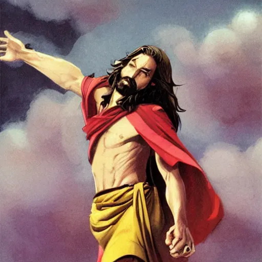 Image similar to jesus in a jojo dramatic pose, illustration by hirohiko araki and greg rutkowski