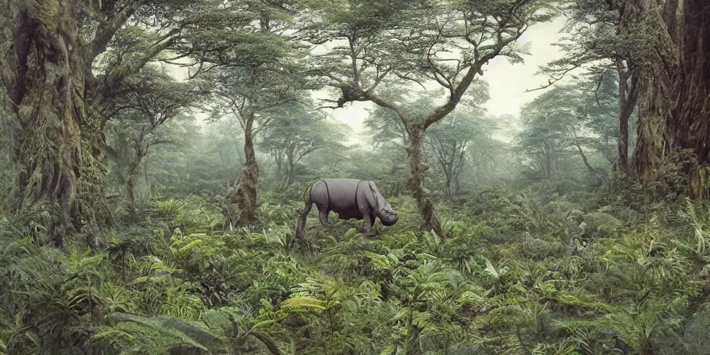 Prompt: about 4 2 to 2 1 million years ago, the sparse grassland was dominated by herbaceous plants, followed by conifers and temperate and warm temperate broadleaved trees. the background to the life of the giant rhino. in the asian rainforest immaculate details vintage polaroid photo hyper realistic ultra realistic photo realistic photography