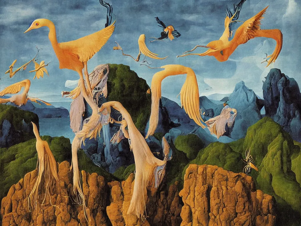 Prompt: Portrait of albino mystic with blue eyes, with exotic beautiful orchid crane. Landscape with tsunami, giant wave, boulder. Painting by Jan van Eyck, Audubon, Rene Magritte, Agnes Pelton, Max Ernst, Walton Ford