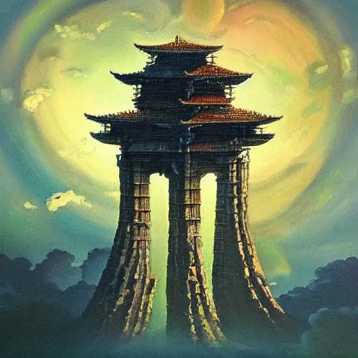 Image similar to “ a very detailed painting in the style of noriyoshi ohrai of an ancient holy tower, it is a glowing fortress and has iridescent mana radiating from it into the aether. it is centered. the background is the sky at dusk. retrofuturistic fantasy ”