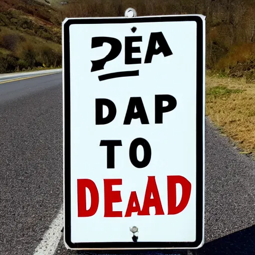 Prompt: metal sign that reads dead stop beside a road