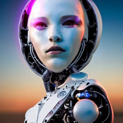 Prompt: beautiful centered Fine art photo portrait of Olivia Rodrigo as a solarpunk robotic humanoid, white mechanical parts with led lights, photorealistic, white background, highly detailed and intricate, sunset lighting, HDR 8k