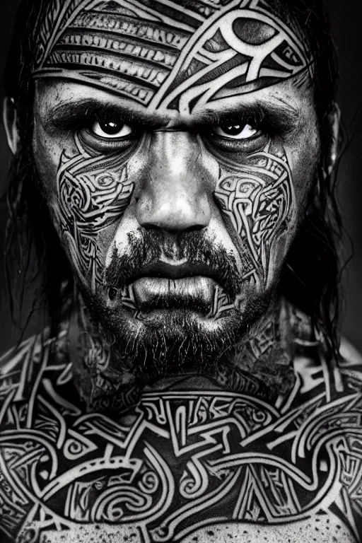 Prompt: portrait of a maori warrior, 3 0 yo, angry look, tattoos, dark background, studio light, hdr, nikon 3 5 mm f / 1. 8 g, by sebastiao salgado