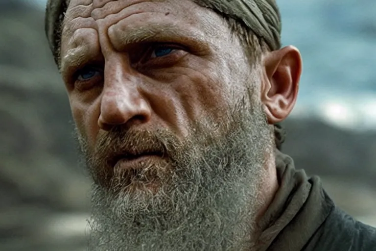 Image similar to Daniel Craig as a Osama Bin Laden doppelgänger in the new movie directed by Christopher Nolan, movie still frame, promotional image, symmetrical shot, idiosyncratic, relentlessly detailed, limited colour palette