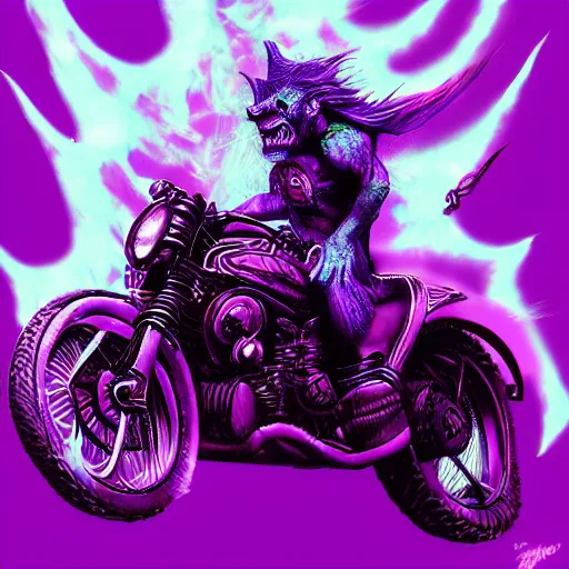 Prompt: psychedelic blacklight airbrush artwork, hyper stylized action shot of a menacing orc riding a motorcycle, clear focused details, soft airbrushed artwork, black background, cgsociety, artstation