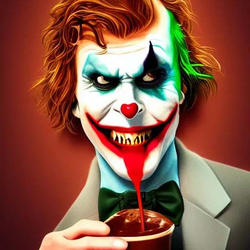Image similar to Joker drinking a chocolate milkshake, hyperdetailed, artstation, cgsociety, 8k