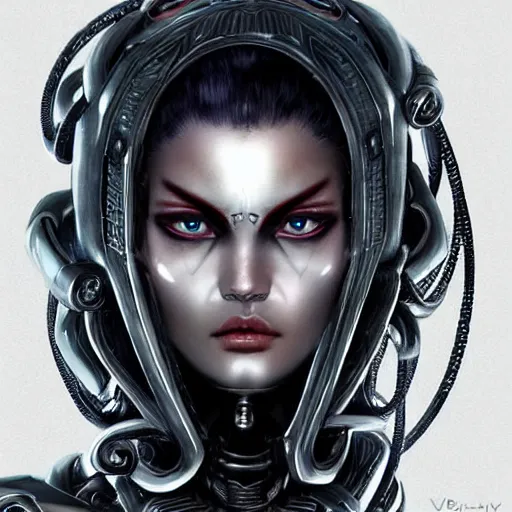 Prompt: a mech version of asian medusa bust, with a septum nose ring, sultry cruel eyes, very symmetrical, highly detailed, by vitaly bulgarov, by joss nizzi, by ben procter, by steve jung, concept art, quintessa, metal gear solid, transformers cinematic universe, concept art world, pinterest, artstation, unreal engine