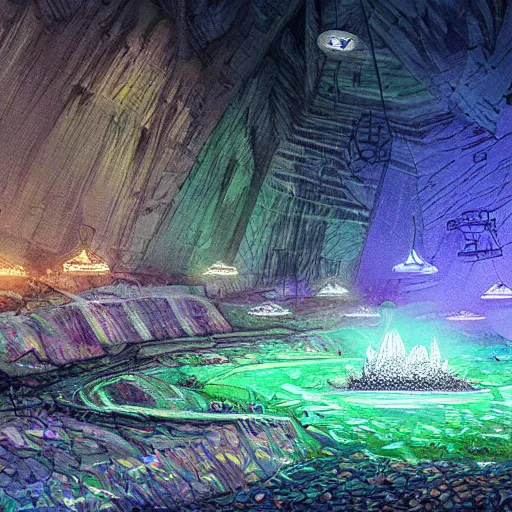 Image similar to a diamond mine, lots of diamonds unearthed, a lights is being reflected all around the dark cave mine, luminous Color’s, murial art, concept art.