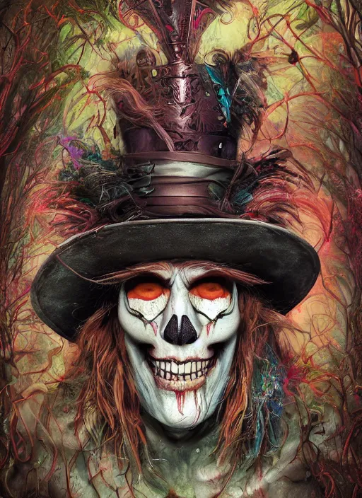 Prompt: mad hatter, polynesian god, half skull half face, highly detailed, cinematic, 8 k, by megan duncanson, benjamin lacombe, adrian borda, stanley artgermm, tom bagshaw, craig mullins, carne griffiths, ayami kojima, beksinski, giger, trending on deviantart, hyper detailed, horror, full of colour