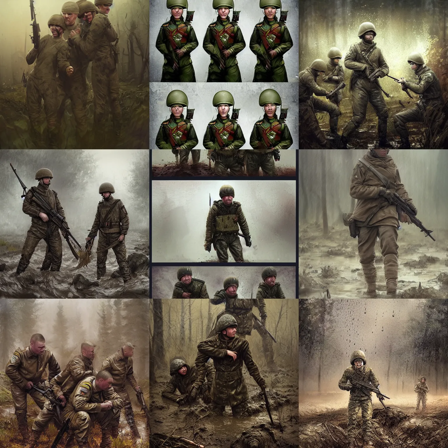 Prompt: Russian army infantry soldiers, with Vladimir Putin, stuck in mud, dirty, despair, raining, trending on artstation, photorealistic, Charlie Bowater, Tom Bagshaw, artgerm