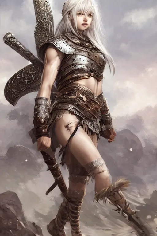 Image similar to A realistic anime portrait of a beautiful white haired female barbarian wearing an intricate viking armor, digital painting, by Stanley Artgerm Lau, Sakimichan, WLOP and Rossdraws, digital painting, painterly, Pixiv, Deviantart, golden ratio, rule of thirds, good composition, HD, 8k, award winning, promo art, splash art, rpg, jrpg, dungeons and dragons, DND, trending on ArtStation