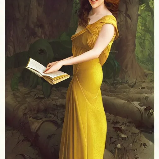 Image similar to a smiling anna kendrick wearing a yellow dress and reading a book, masterpiece, intricate, elegant, highly detailed, digital painting, artstation, concept art, smooth, sharp focus, illustration, art by artgerm and greg rutkowski and alphonse mucha and uang guangjian and gil elvgren and sachin teng, symmetry!!