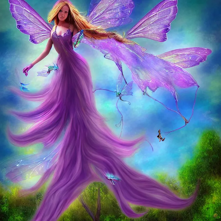 Image similar to fairy flyingin a fantasy world digital art